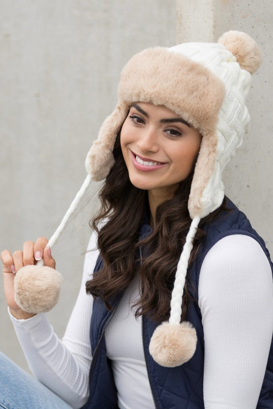 Cable Weave Pom Trapper Hat | Polyester Trapper Hat With Faux Fur Pom Accent