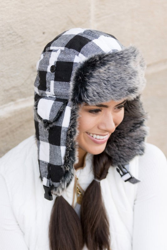 Buffalo Trapper Hat | Flannel Exterior And Faux Fur Interior Accent With Flap