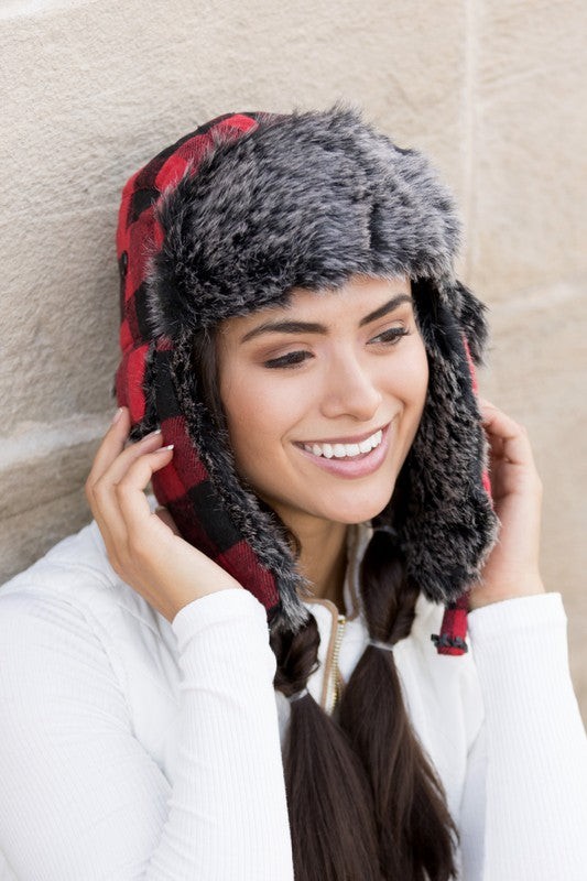 Buffalo Trapper Hat | Flannel Exterior And Faux Fur Interior Accent With Flap