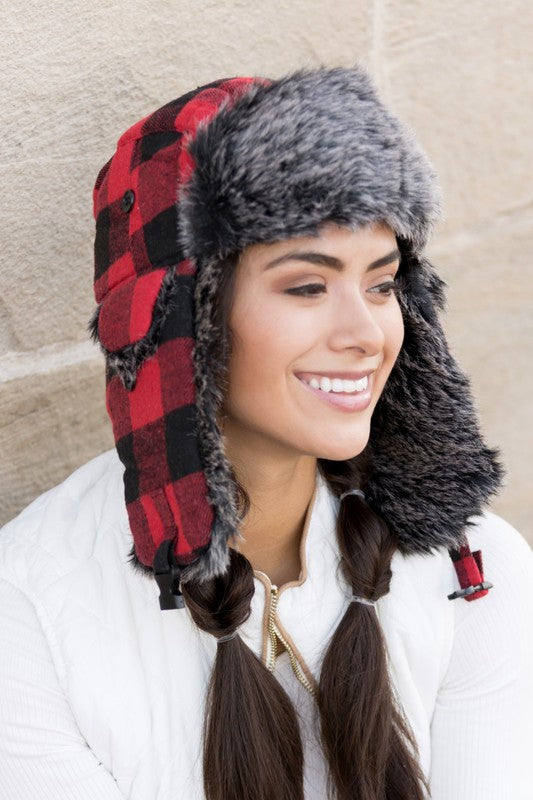 Buffalo Trapper Hat | Flannel Exterior And Faux Fur Interior Accent With Flap