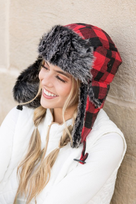 Buffalo Trapper Hat | Flannel Exterior And Faux Fur Interior Accent With Flap