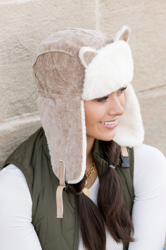 Kitten Ear Trapper Hat | Super Soft Faux Fur Plush Lining Hat With Flap Detail