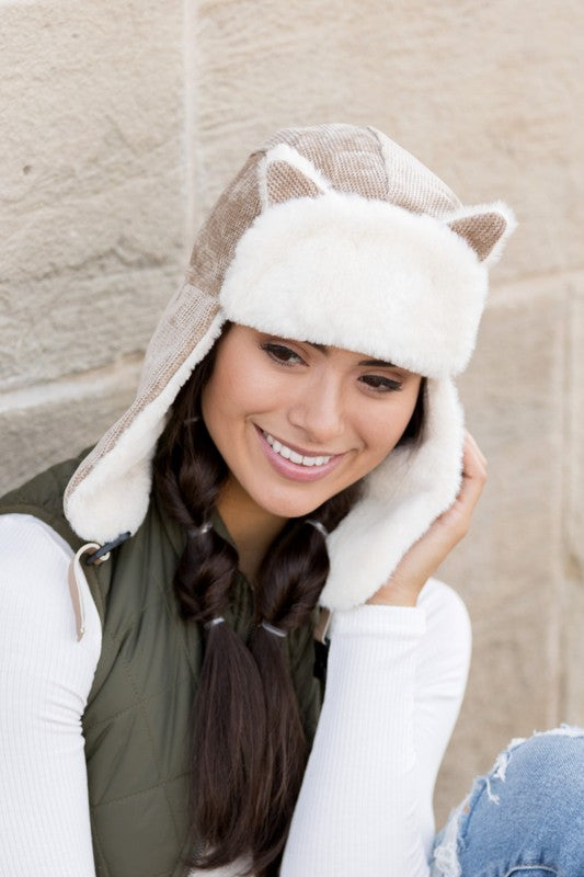 Kitten Ear Trapper Hat | Super Soft Faux Fur Plush Lining Hat With Flap Detail