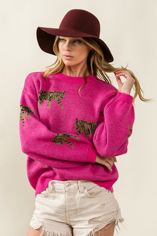 Tiger Pattern Sweater | Casual Round Neck Sweater With Long Cuffed Sleeves