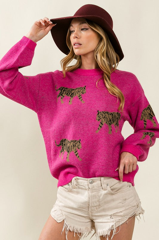 Tiger Pattern Sweater | Casual Round Neck Sweater With Long Cuffed Sleeves