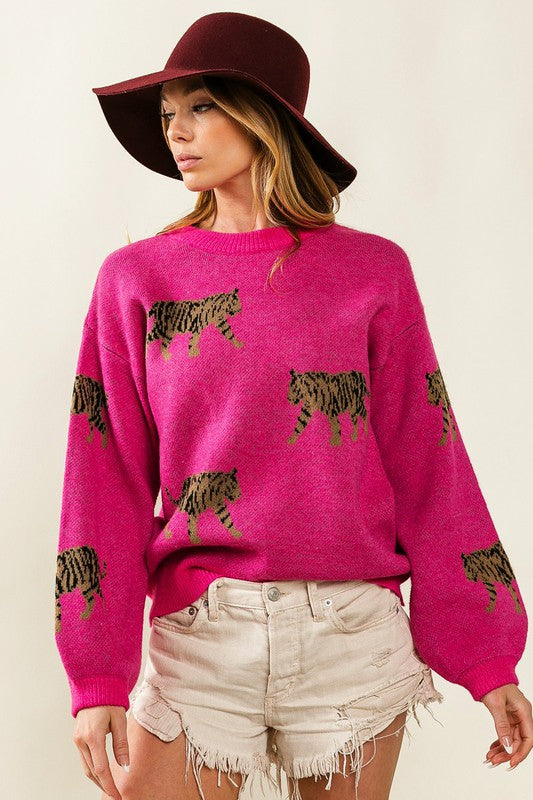 Tiger Pattern Sweater | Casual Round Neck Sweater With Long Cuffed Sleeves