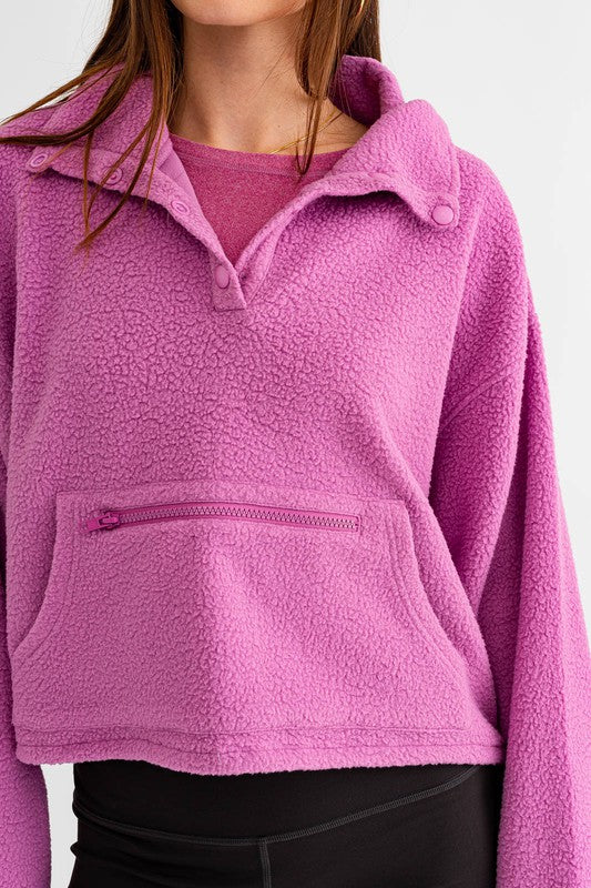 Pocket Detail Boxy Fleece Pullover Sweater | Drawstring Hem Buttoned Sweater