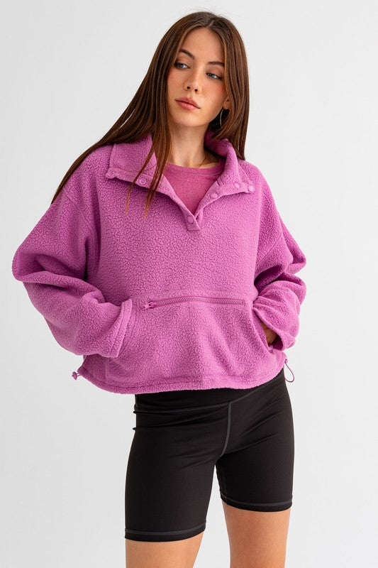 Pocket Detail Boxy Fleece Pullover Sweater | Drawstring Hem Buttoned Sweater