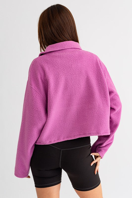 Pocket Detail Boxy Fleece Pullover Sweater | Drawstring Hem Buttoned Sweater