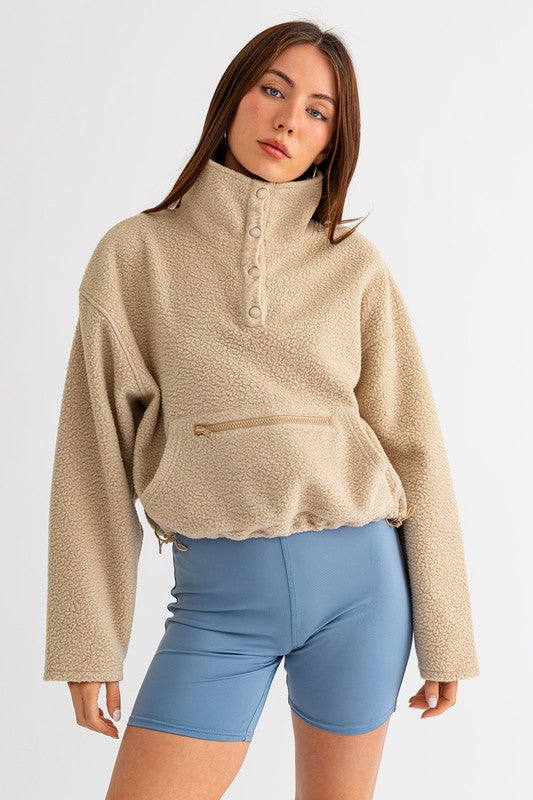 Pocket Detail Boxy Fleece Pullover Sweater | Drawstring Hem Buttoned Sweater