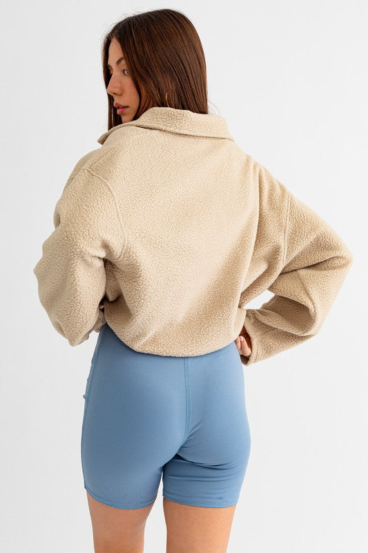 Pocket Detail Boxy Fleece Pullover Sweater | Drawstring Hem Buttoned Sweater