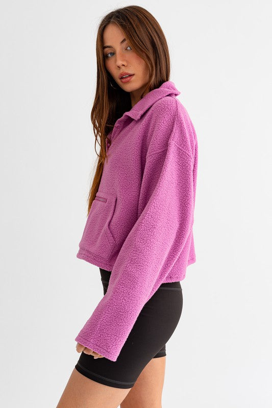 Pocket Detail Boxy Fleece Pullover Sweater | Drawstring Hem Buttoned Sweater