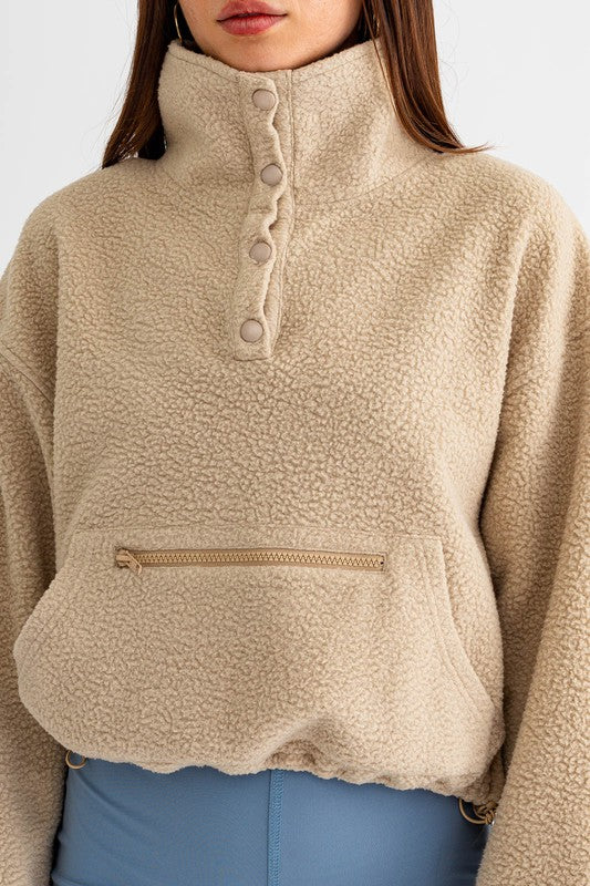 Pocket Detail Boxy Fleece Pullover Sweater | Drawstring Hem Buttoned Sweater