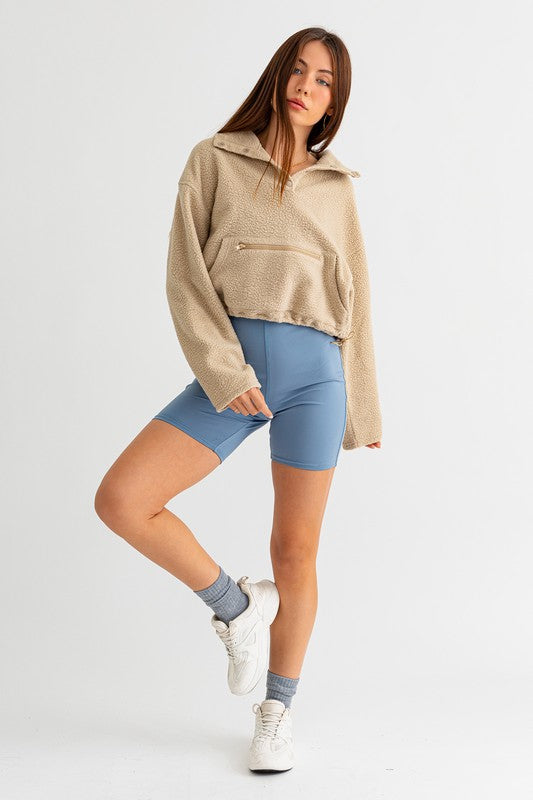 Pocket Detail Boxy Fleece Pullover Sweater | Drawstring Hem Buttoned Sweater