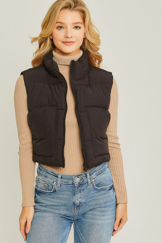 Puffer Vest With Pockets | Solid Cropped Vest Wit Zip Closure & Mock Neckline