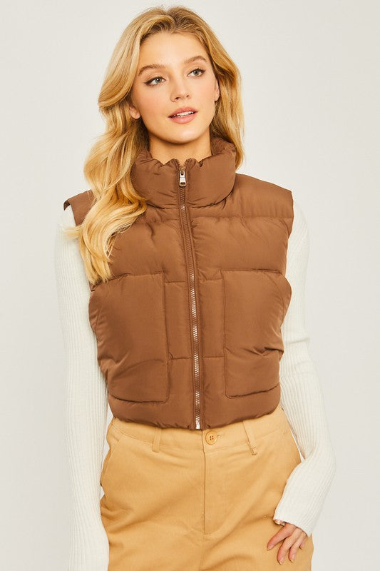 Puffer Vest With Pockets | Solid Cropped Vest Wit Zip Closure & Mock Neckline