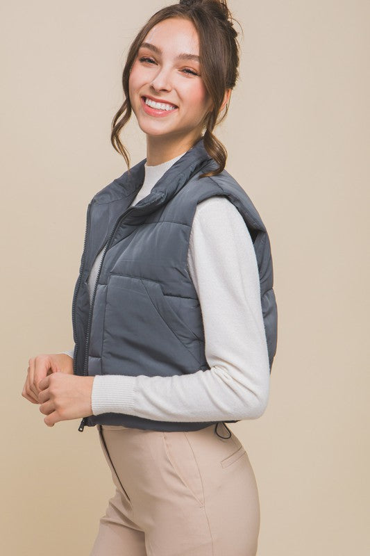 Puffer Vest With Pockets | Solid Cropped Vest Wit Zip Closure & Mock Neckline