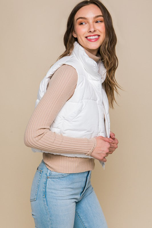 Puffer Vest With Pockets | Solid Cropped Vest Wit Zip Closure & Mock Neckline