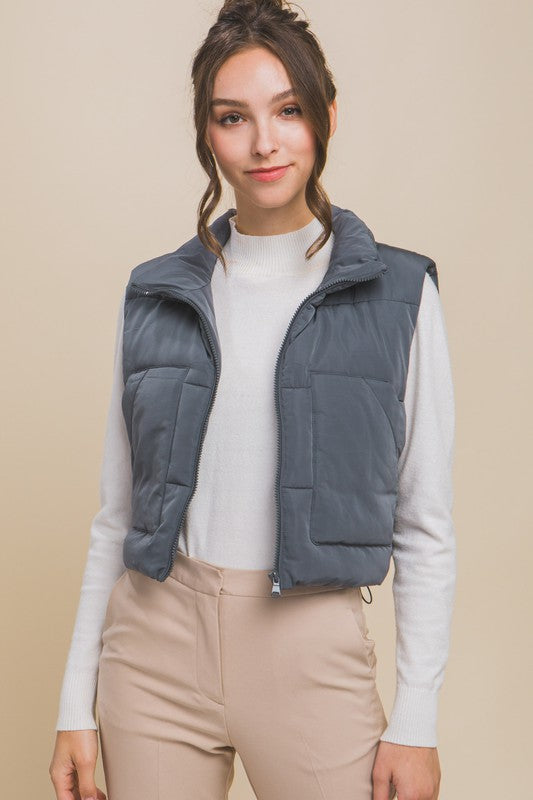 Puffer Vest With Pockets | Solid Cropped Vest Wit Zip Closure & Mock Neckline