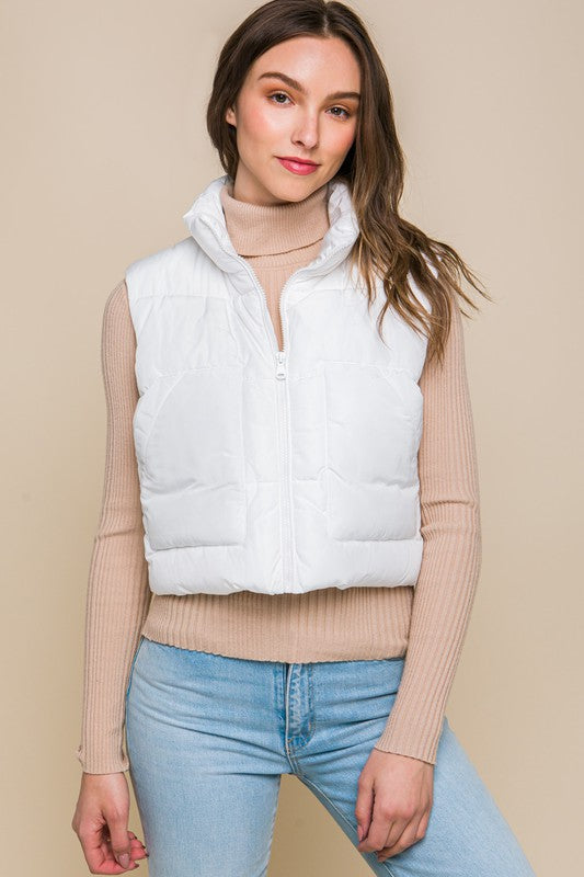 Puffer Vest With Pockets | Solid Cropped Vest Wit Zip Closure & Mock Neckline