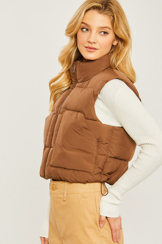 Puffer Vest With Pockets | Solid Cropped Vest Wit Zip Closure & Mock Neckline