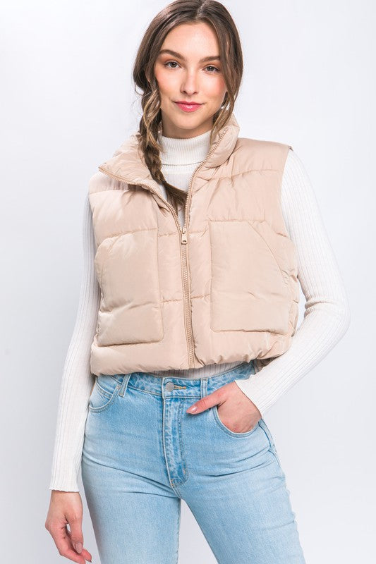 Puffer Vest With Pockets | Solid Cropped Vest Wit Zip Closure & Mock Neckline