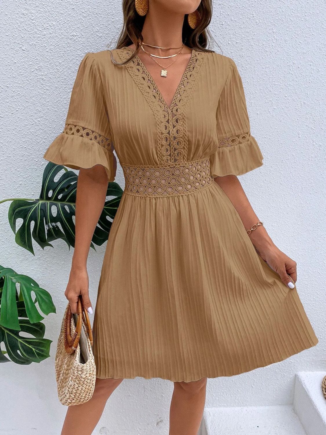 Cutout V-Neck Flounce Sleeve Mini Dress | Casual A-Line Ruffled Polyester Dress