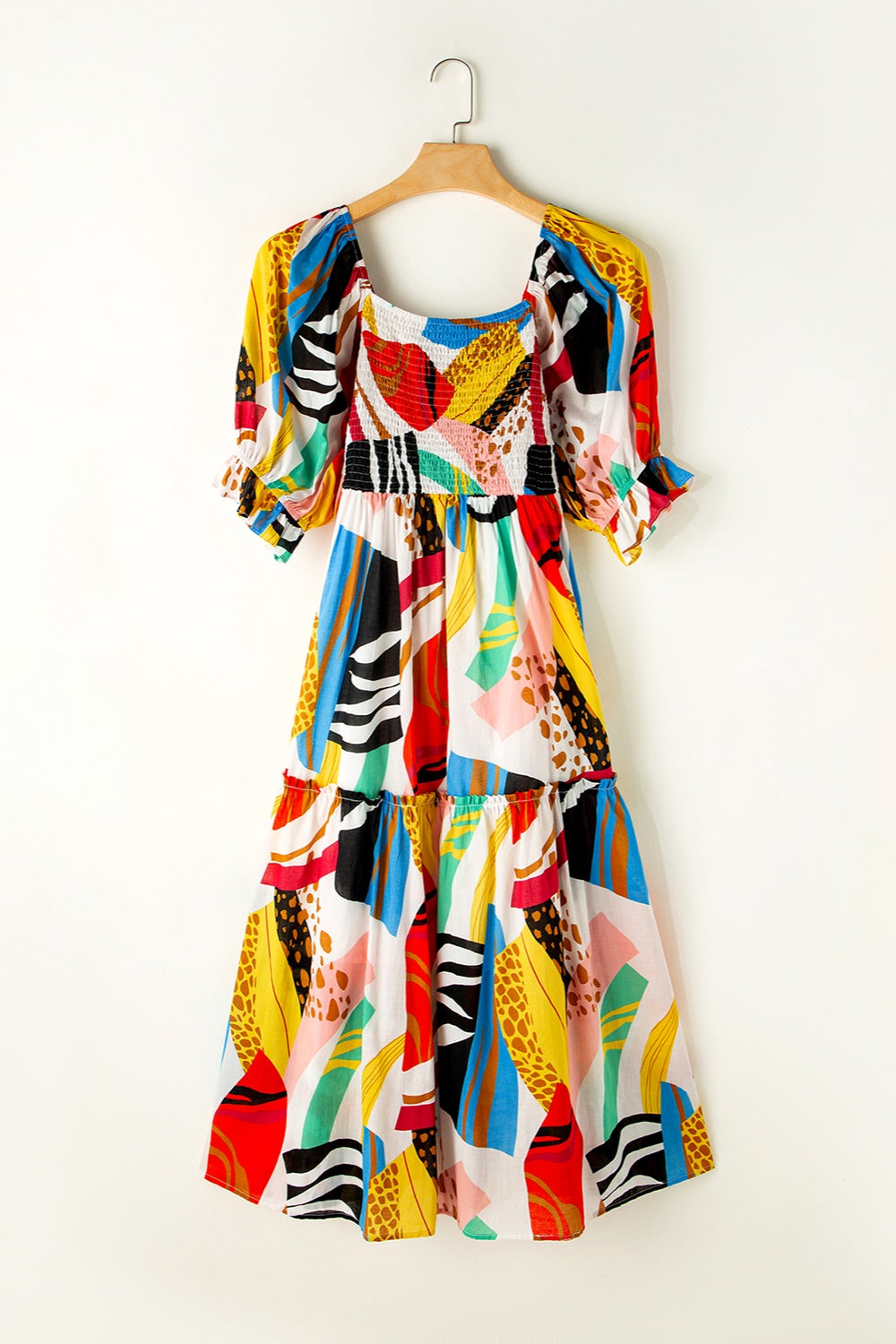 Printed Square Neck Short Sleeve Midi Dress | Casual A-Line Cotton Dress