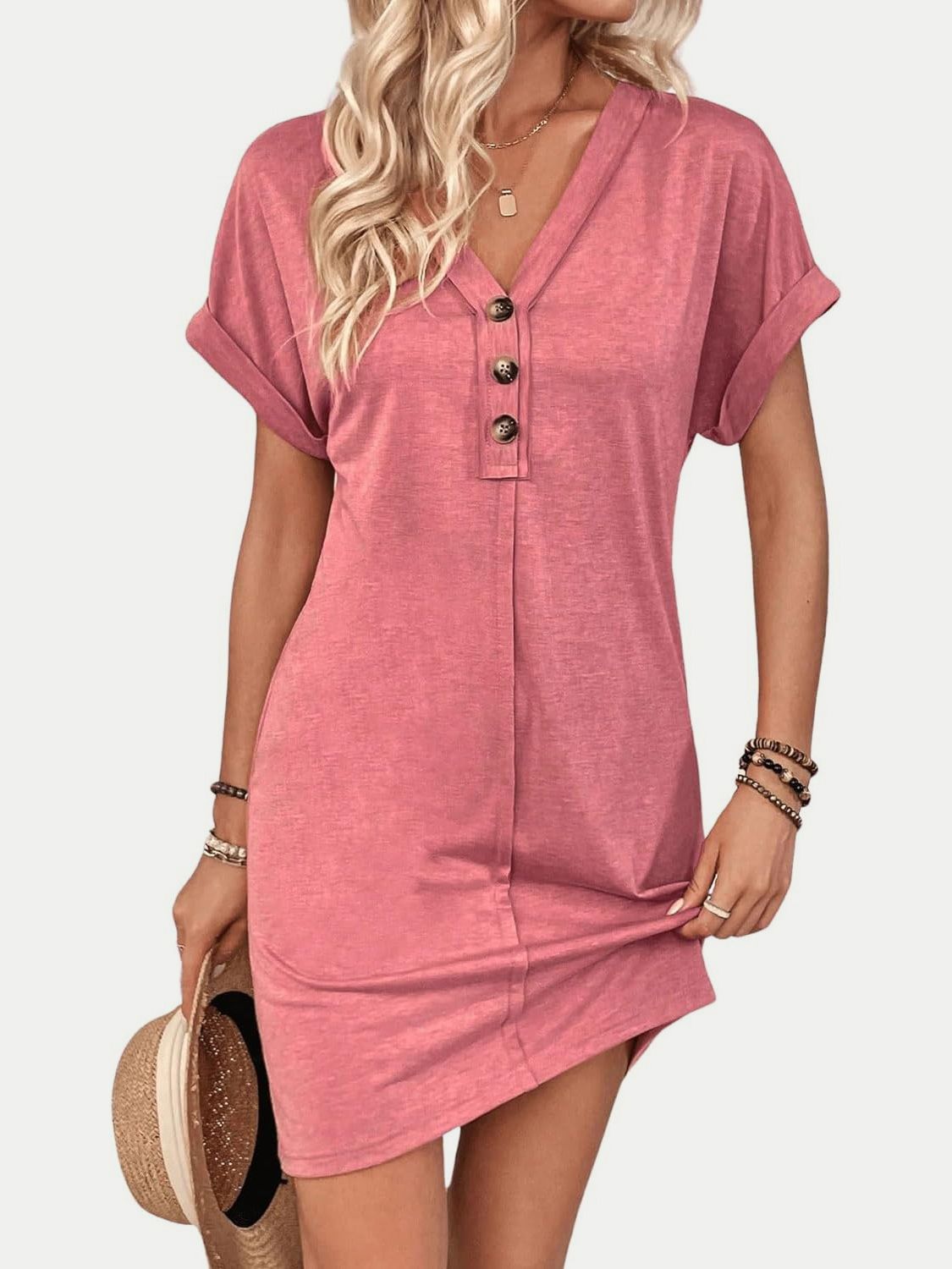 Quarter Button V-Neck Short Sleeve Dress | Casual Mini Solid Polyester Dress