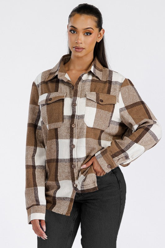 Boyfriend Oversized Soft Flannel Shacket | Casual Collared Shacket With Pockets