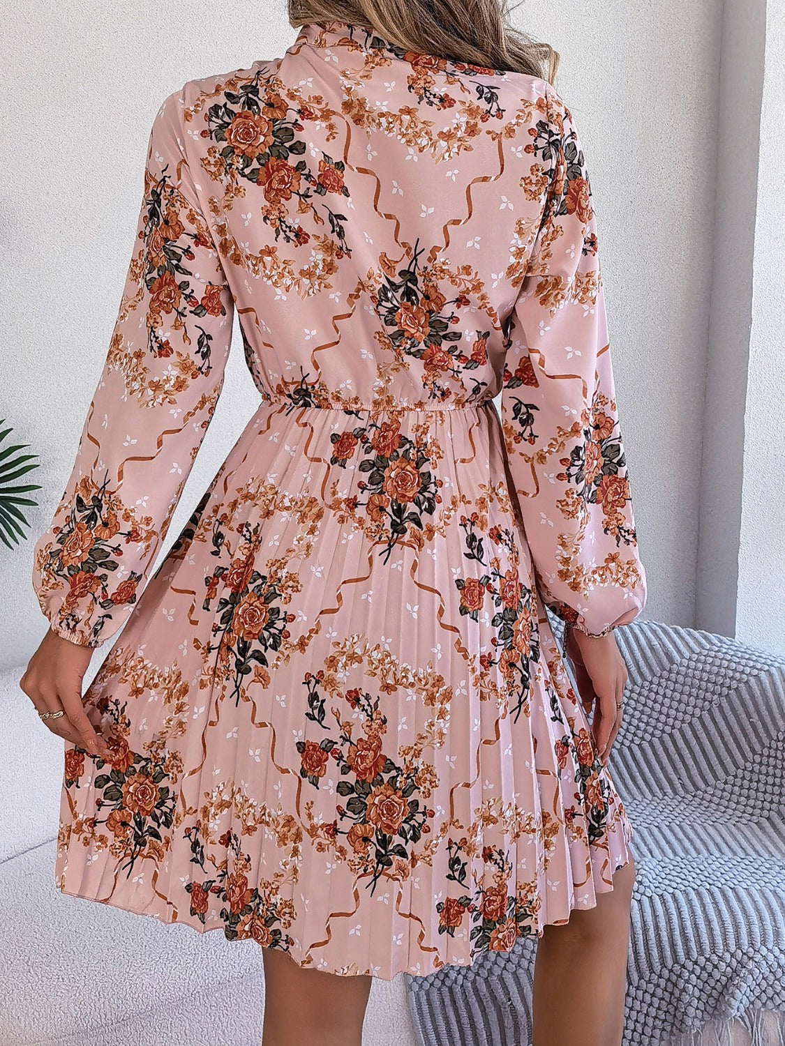 Pleated Printed Tie Neck Long Sleeve Dress | Casual Mini A-Line Floral Dress