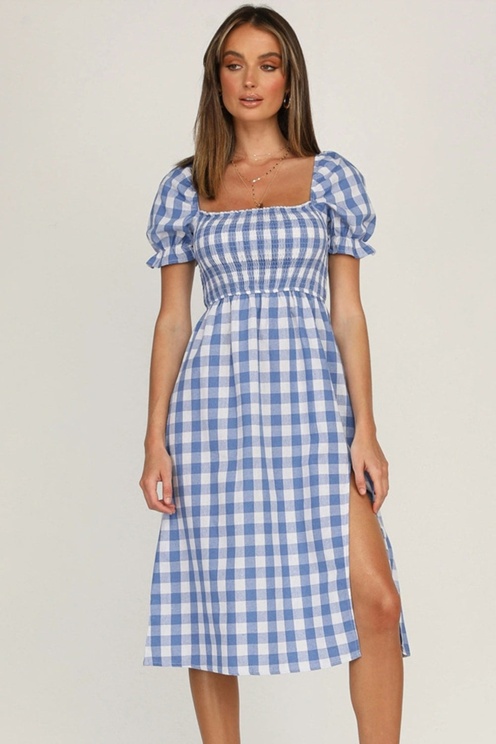 Full Size Slit Plaid Short Sleeve Midi Dress | A-Line Midi Smocked Dress