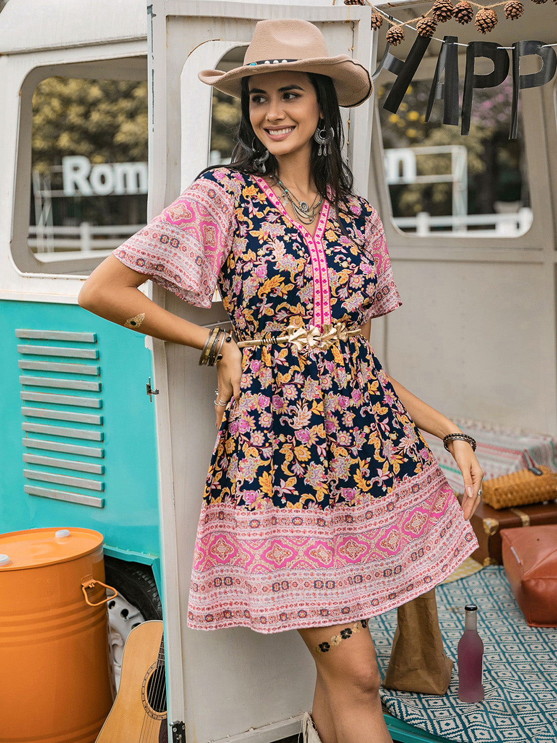 Printed V-Neck Short Sleeve Dress | Casual Mini A-line Bohemian Viscose Dress