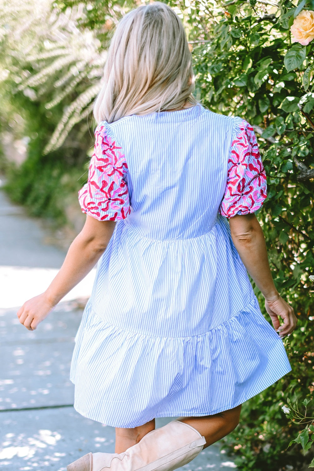 Embroidered Striped Notched Short Sleeve Dress | Casual A-Line Floral Lace Dress