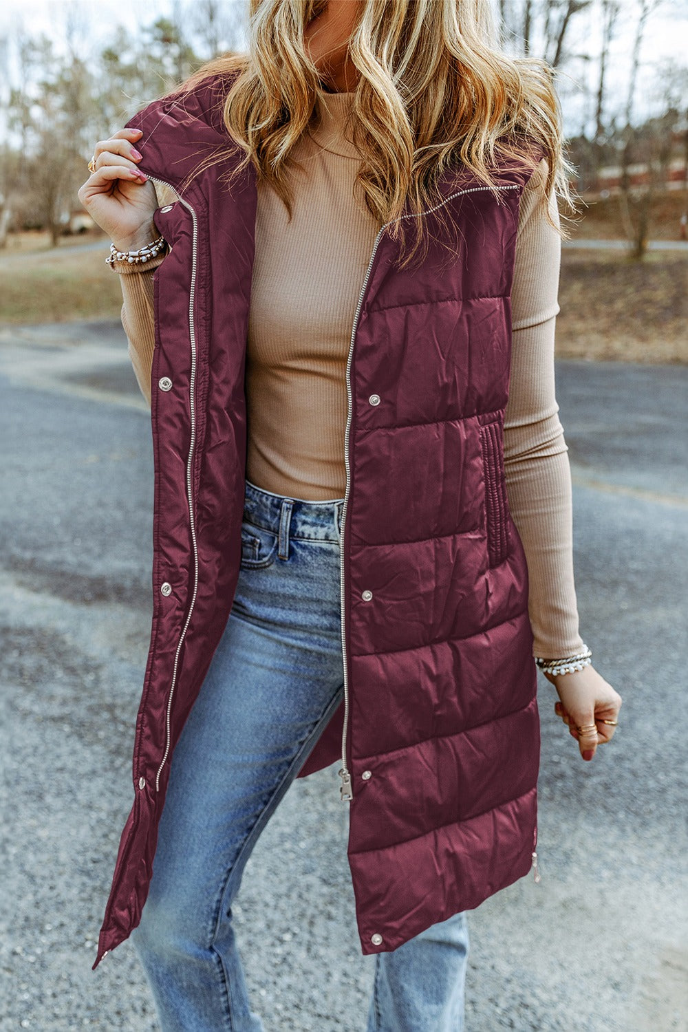 Longline Hooded Sleeveless Puffer Vest | Woman's Polyamide Vest With Pockets