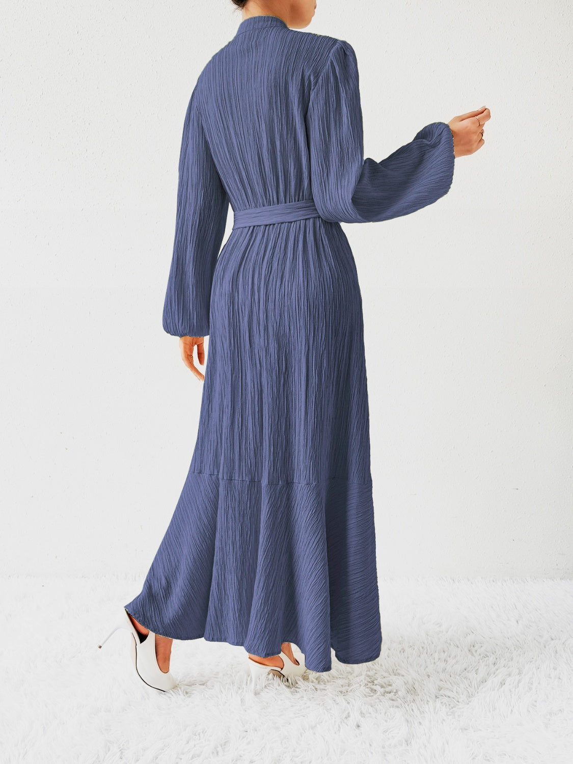 Tie Waist Long Sleeve Dress | A-Line Maxi Solid Buttoned Textured Dress