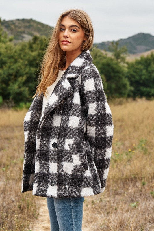 Fuzzy Boucle Textured Double Breasted Coat Jacket | Plaid Pocketed Jacket