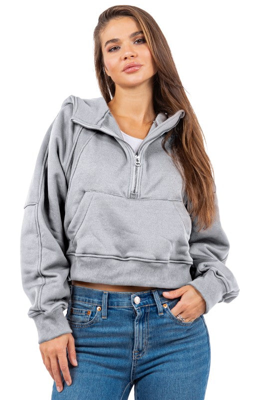 SEXY SWEATSHIRTS | Half Zip Solid Cropped Sweatshirt With Hood & Long Sleeves