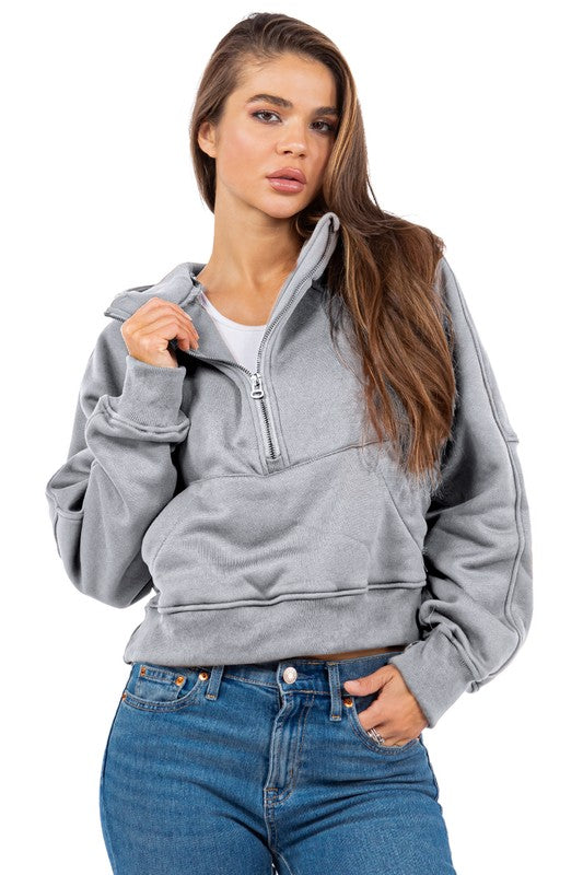 SEXY SWEATSHIRTS | Half Zip Solid Cropped Sweatshirt With Hood & Long Sleeves