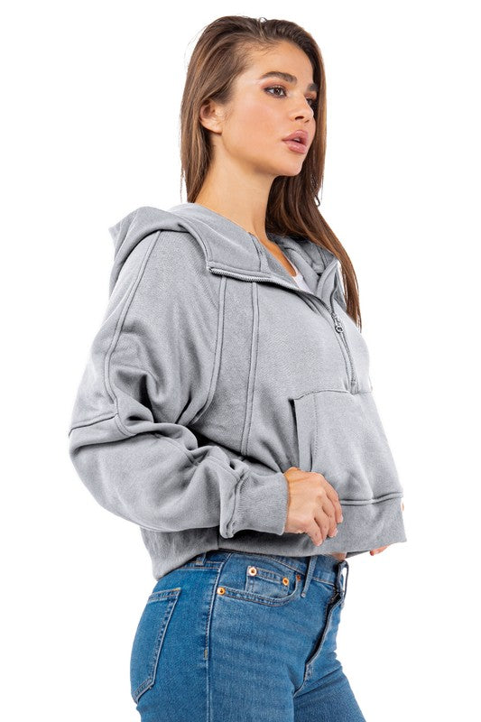 SEXY SWEATSHIRTS | Half Zip Solid Cropped Sweatshirt With Hood & Long Sleeves