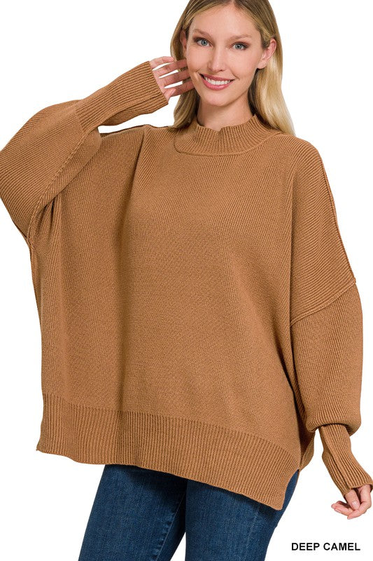 Side Slit Oversized Sweater | Solid Casual Drop Shoulder Mock Neck Sweater