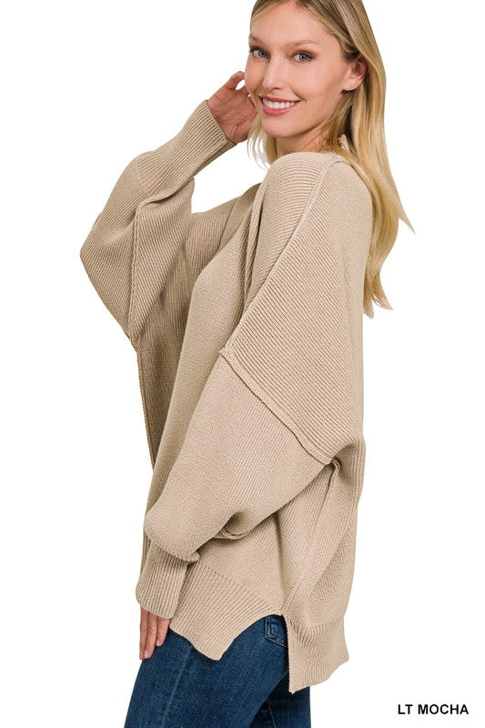 Side Slit Oversized Sweater | Solid Casual Drop Shoulder Mock Neck Sweater