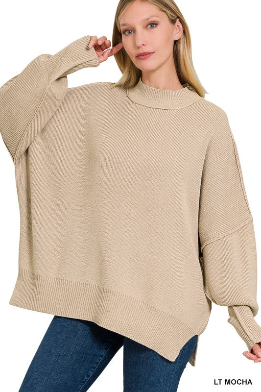 Side Slit Oversized Sweater | Solid Casual Drop Shoulder Mock Neck Sweater