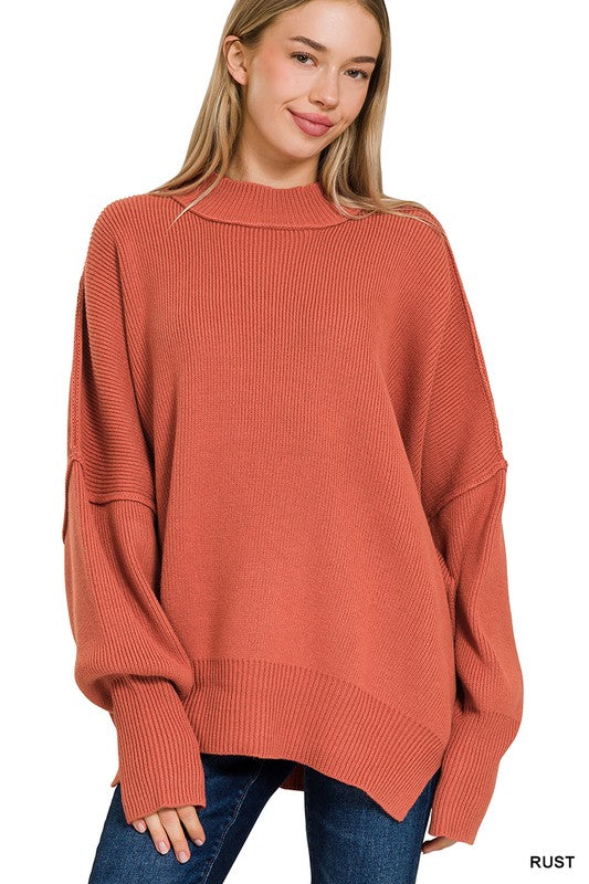 Side Slit Oversized Sweater | Solid Casual Drop Shoulder Mock Neck Sweater