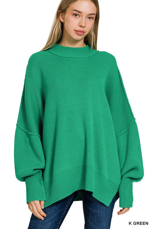 Side Slit Oversized Sweater | Solid Casual Drop Shoulder Mock Neck Sweater