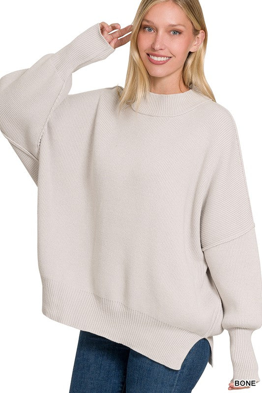 Side Slit Oversized Sweater | Solid Casual Drop Shoulder Mock Neck Sweater