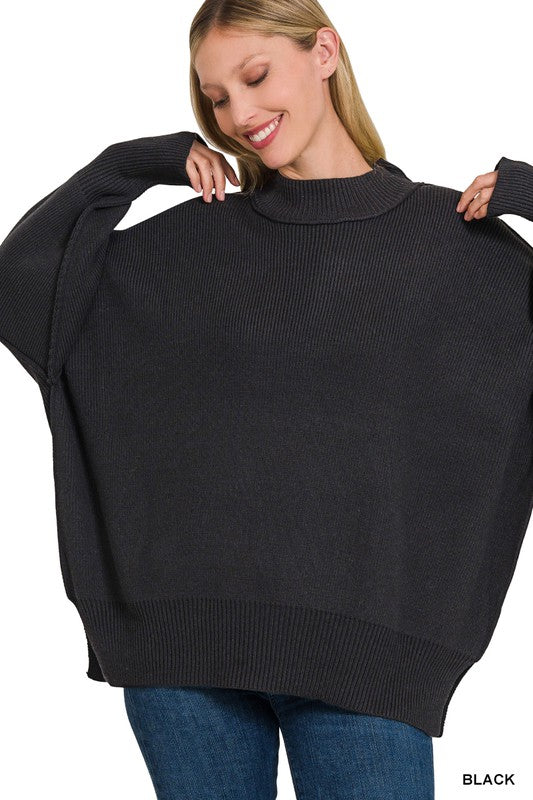 Side Slit Oversized Sweater | Solid Casual Drop Shoulder Mock Neck Sweater