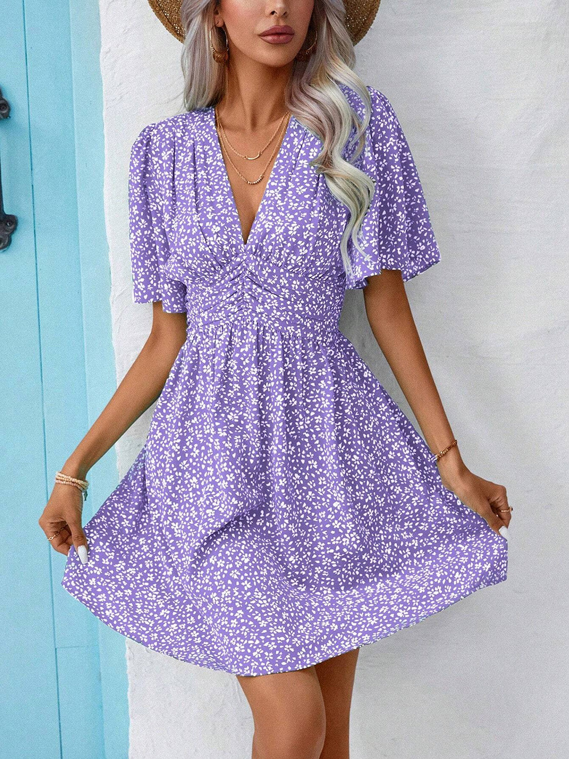 Printed V-Neck Half Sleeve Mini Dress | A-Line Floral Polyester Dress W/ V-Neck