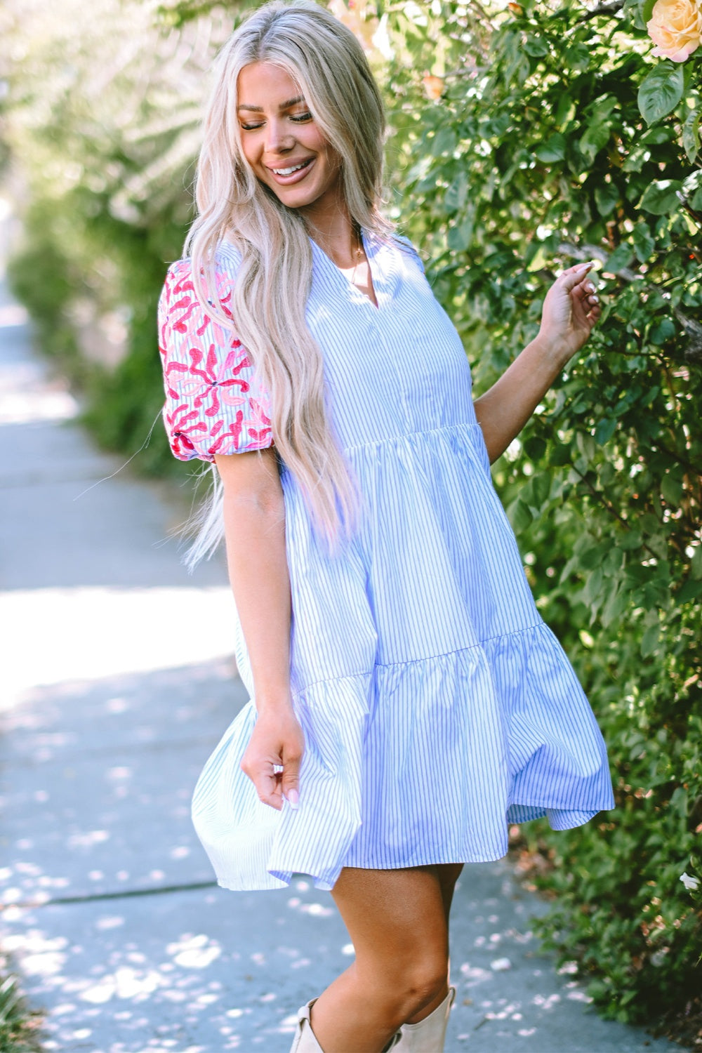 Embroidered Striped Notched Short Sleeve Dress | Casual A-Line Floral Lace Dress