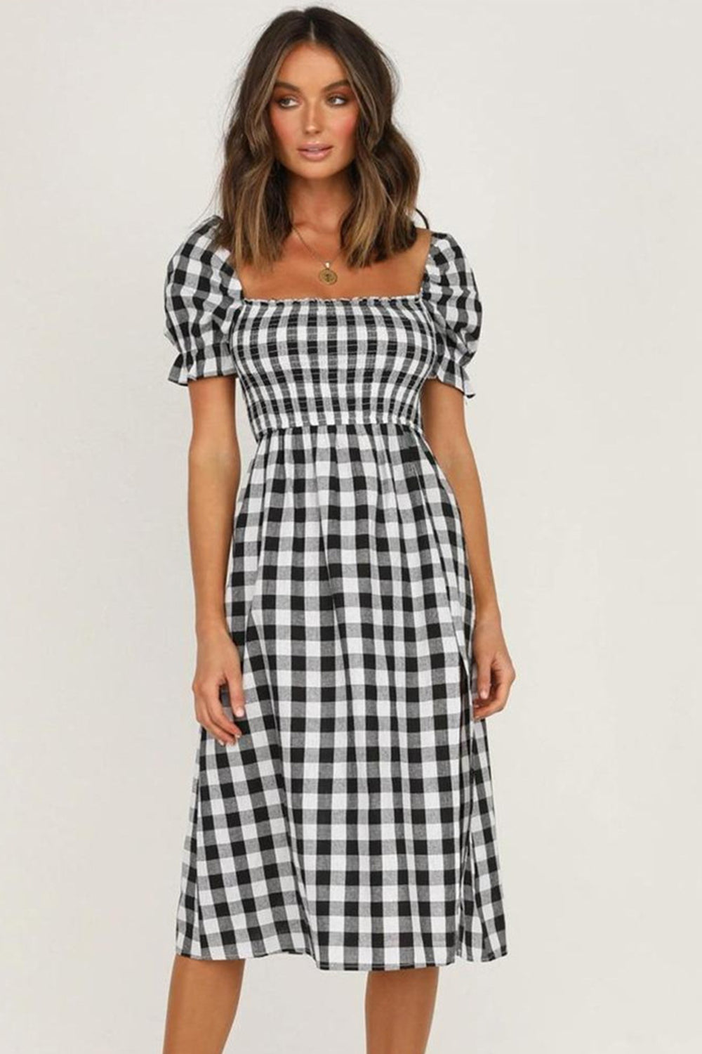 Full Size Slit Plaid Short Sleeve Midi Dress | A-Line Midi Smocked Dress